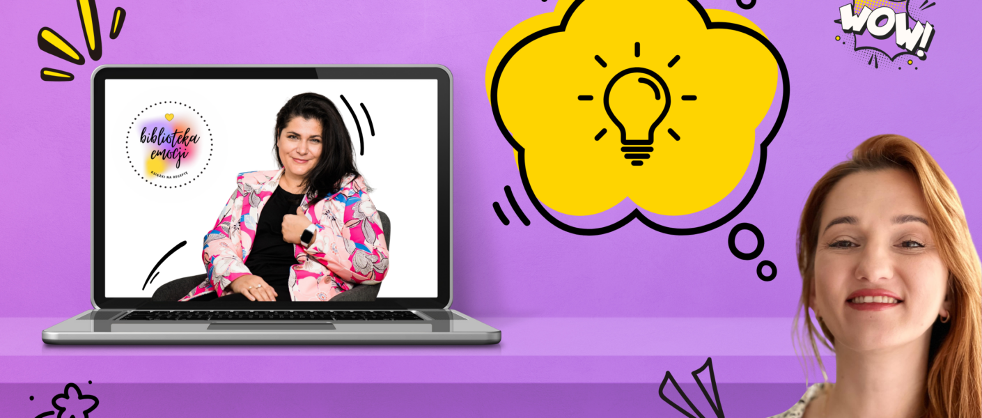 Grafika w nowoczesnym stylu, na której znajdują się trenerki Biblioteki Emocji.