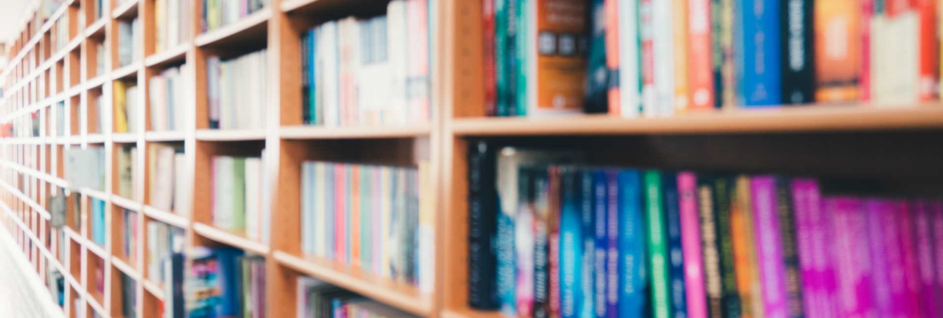 na fotografii widać fragment regału bibliotecznego, zapełnionego kolorowymi książkami.