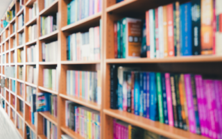 na fotografii widać fragment regału bibliotecznego, zapełnionego kolorowymi książkami.